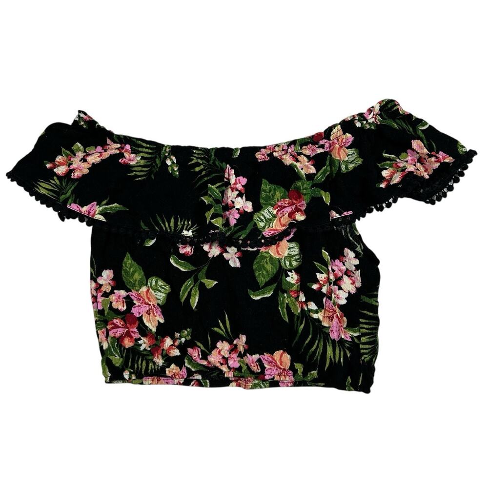 Ambiance Womens Crop Top Black Tropical Floral Off Shoulder Ruffle Pom Trim Sz M - Picture 2 of 7
